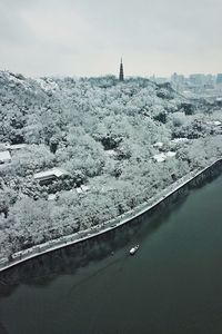 High angle view of snow on sea