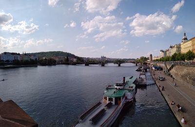 High angle view of bridge over river in city against sky