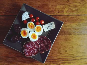 High angle view of breakfast on table