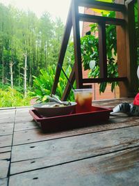 Close-up of drink on table against trees