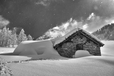 House amidst buildings against sky during winter