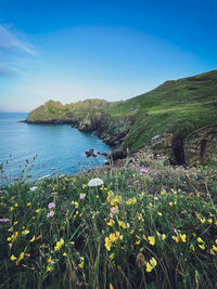 Scenic view of sea and mountains against clear blue sky