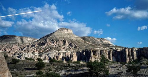 Panoramic view of rock formations on landscape against sky
