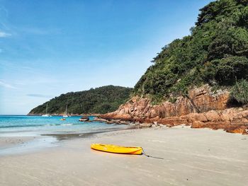 Scenic view of beach against clear blue sky