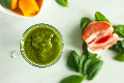High angle view of fruits in plate on table