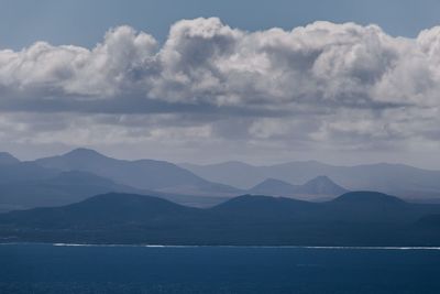 Scenic view of sea by mountains against sky