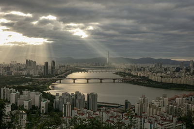 Buildings in city against sky during sunset