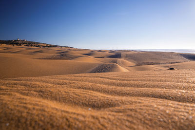 Beautiful sand dunes and dramatic sky at beach during sunset