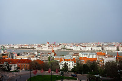 High angle view of townscape against clear sky