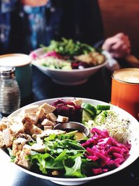 High angle view of food served on table