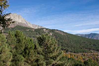 Scenic view of mountains against blue sky