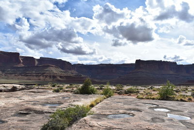 Rock formations on landscape against cloudy sky