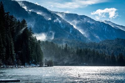 Scenic view of frozen lake by mountains against sky