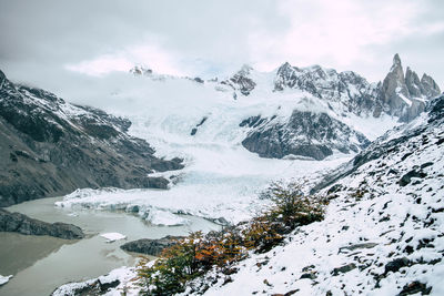 Glacial lake with snowcapped mountain in the background