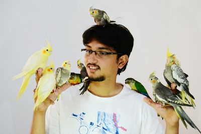 Young man holding parrots