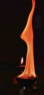 Close-up of lit candle against black background