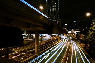 Light trails on road at night