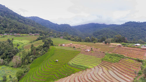 High angle view of agricultural field against sky