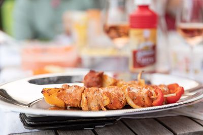 Close-up of food served on table