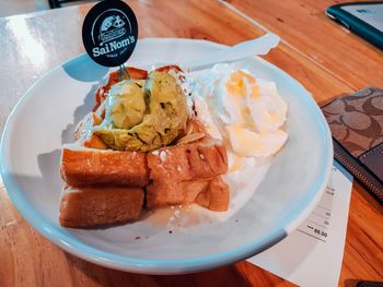 High angle view of breakfast served on table