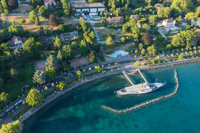 High angle view of boats in city