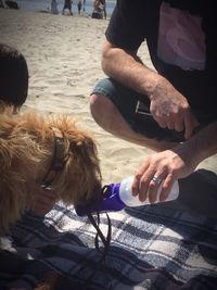 Cropped image of man feeding water to dog at beach