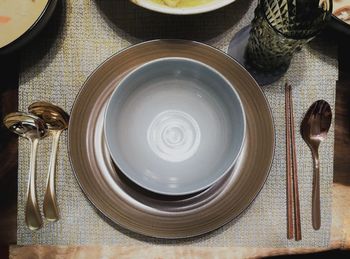 High angle view of bread in plate on table