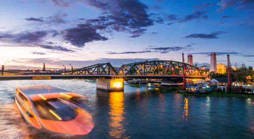 Bridge over river with city in background