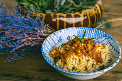 High angle view of pasta in bowl on table