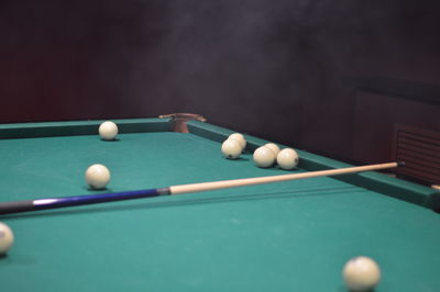 High angle view of balls billiard on table