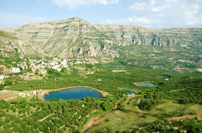 Scenic view of lake and mountains against sky