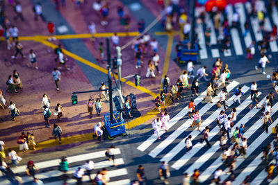 High angle view of people on street
