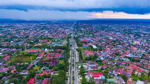 High angle view of townscape against sky in city