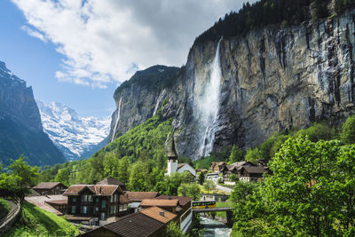 Low angle view of staubbach falls against sky