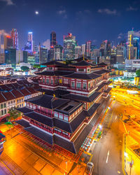 High angle view of illuminated city at night