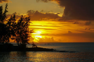 Scenic view of sea against orange sky