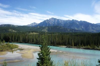 Scenic view of lake by mountains against sky