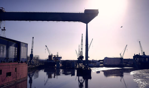 Cranes at harbor against sky during sunset