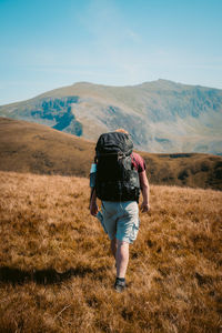 Rear view of man walking on field against sky