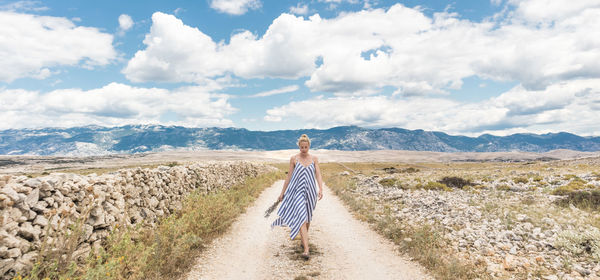 Rear view of person standing on land against sky