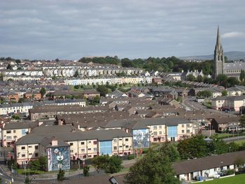 High angle shot of townscape against sky