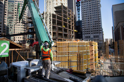 Rear view of man standing on crane