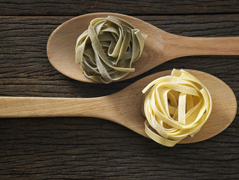 Close-up of tagliatelle pasta in wooden spoons on table