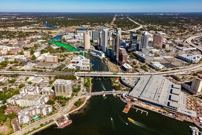 High angle view of buildings in city