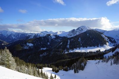 Scenic view of snowcapped mountains against sky