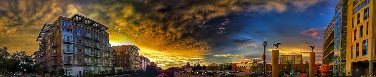 Buildings in city against cloudy sky