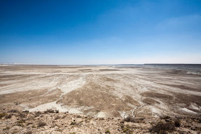 Scenic view of beach against clear blue sky