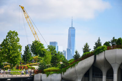 The word trade center in lower manhattan is seen from a distance.