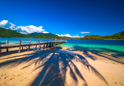 Scenic view of beach against blue sky