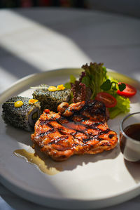 Close-up of food in plate on table